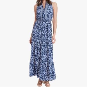 London Times Royal Blue and White Ruffle Floral Maxi Dress